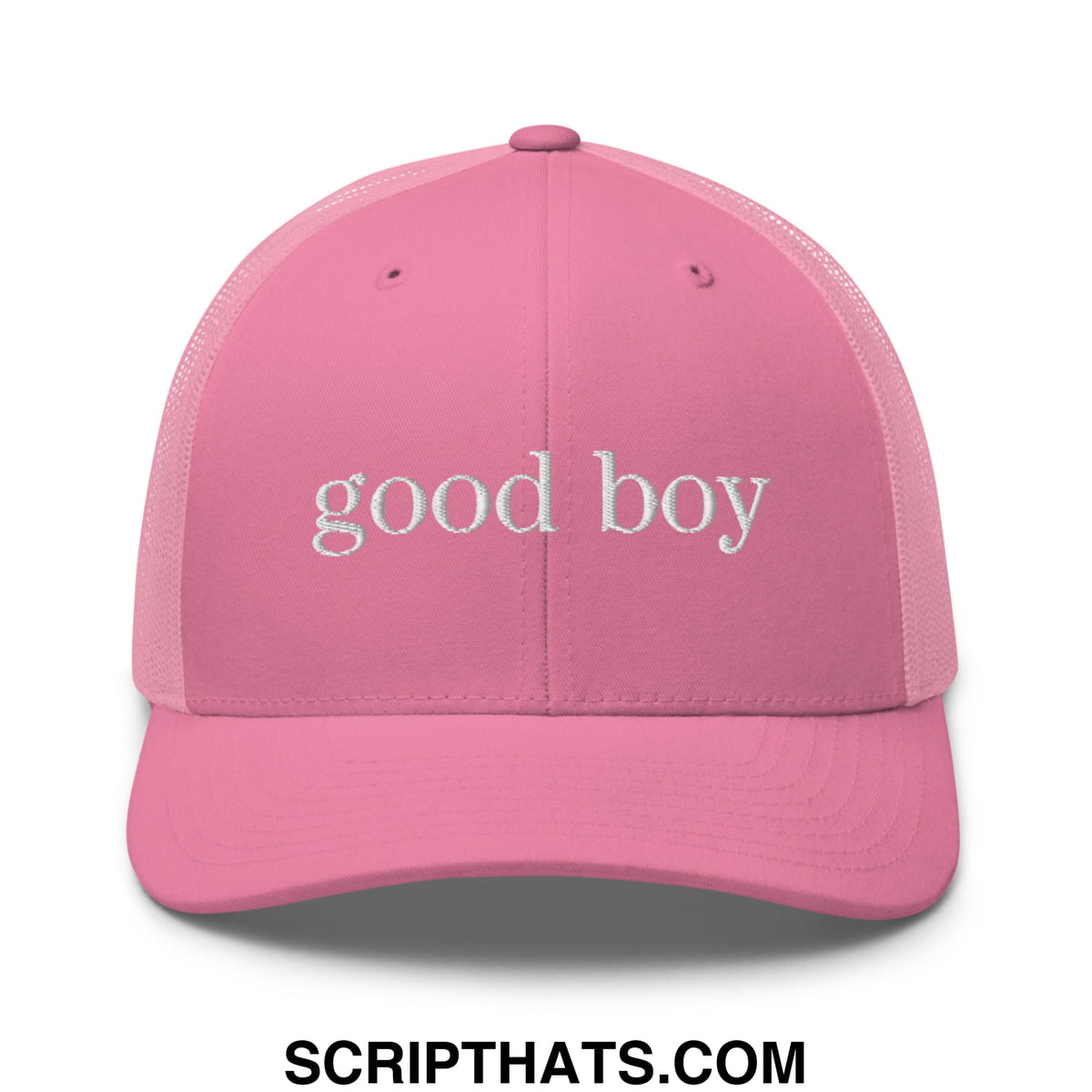 Pink mesh trucker hat with white embroidered good boy text featuring breathable material and adjustable fit