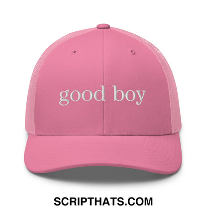 Pink mesh trucker hat with white embroidered good boy text featuring breathable material and adjustable fit