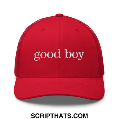 Red mesh embroidered good boy trucker hat featuring white text on a breathable casual cap