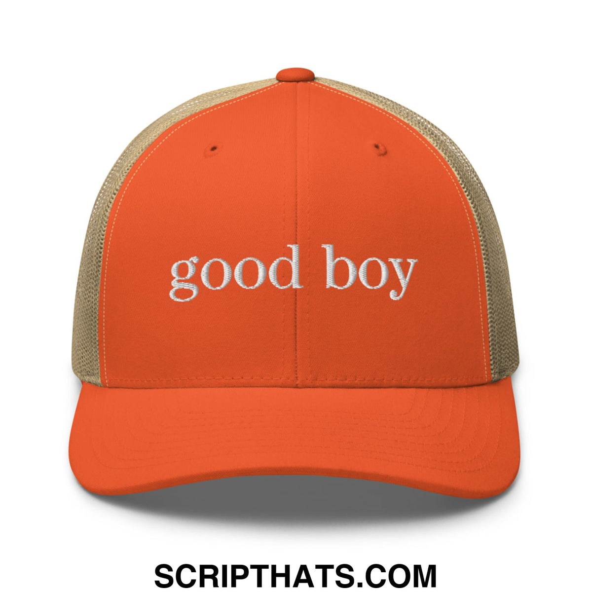 Orange good boy embroidered mesh trucker hat with beige mesh back combining style and breathability