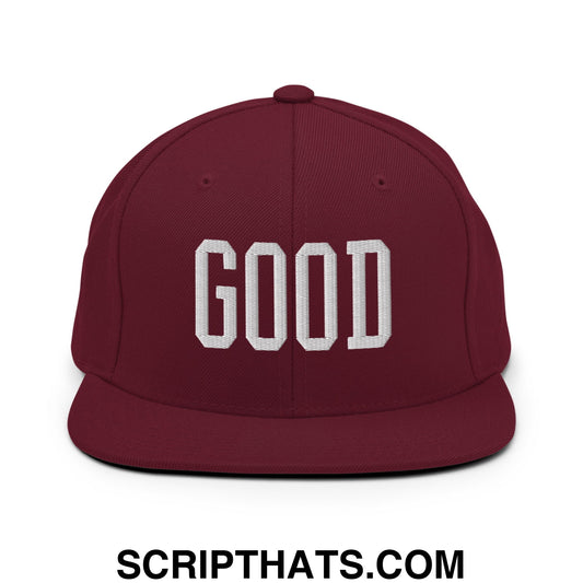 Maroon good Texas college varsity snapback hat with white embroidered lettering and flat bill brim