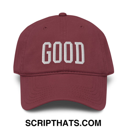 Maroon Good Texas College varsity football embroidered baseball dad hat with white lettering and adjustable strap