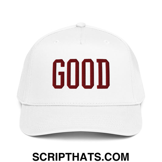 White baseball snapback cap with bold maroon embroidered good lettering for Texas college varsity football fans