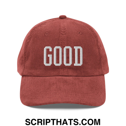 A rust-colored corduroy dad hat embroidered with the word good for Texas college varsity football fans