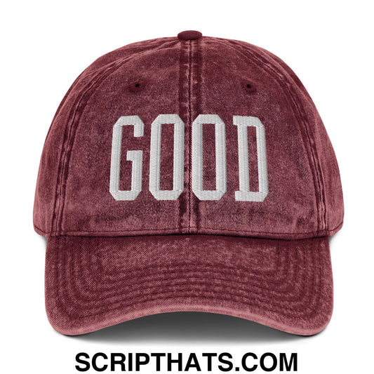 Maroon distressed denim dad hat with white embroidered good lettering for Texas college varsity football fans