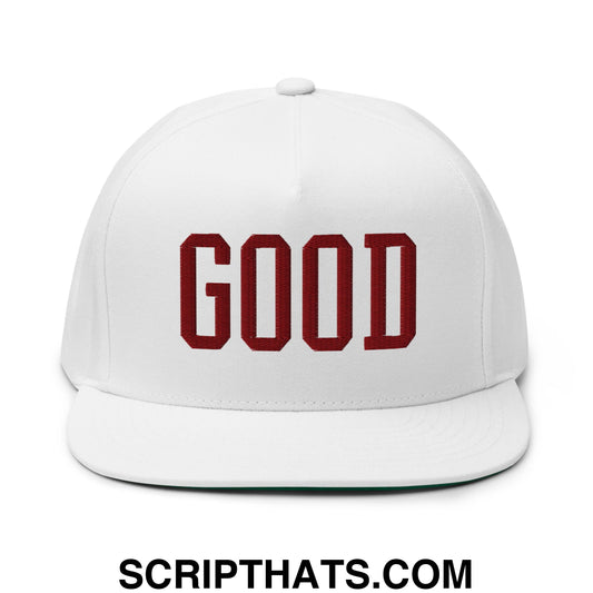 White snapback hat with bold red embroidered good lettering flat bill brim for Texas college varsity football fans