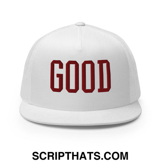 White mesh snapback trucker hat with red embroidered good lettering and flat bill for Texas college varsity football fans