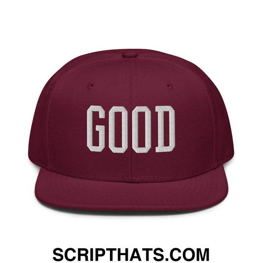 Maroon snapback cap with white embroidered good lettering flat brim bill for Texas college varsity football fans