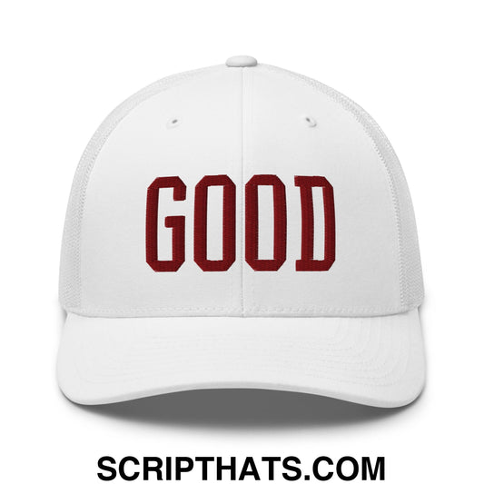 White mesh trucker hat with bold red embroidered good lettering for texas college varsity football fans