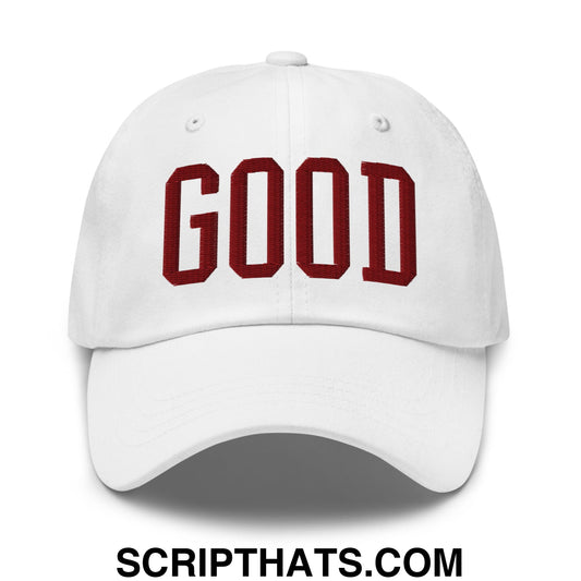 White unstructured dad hat with bold red embroidered good lettering for texas college varsity football fans