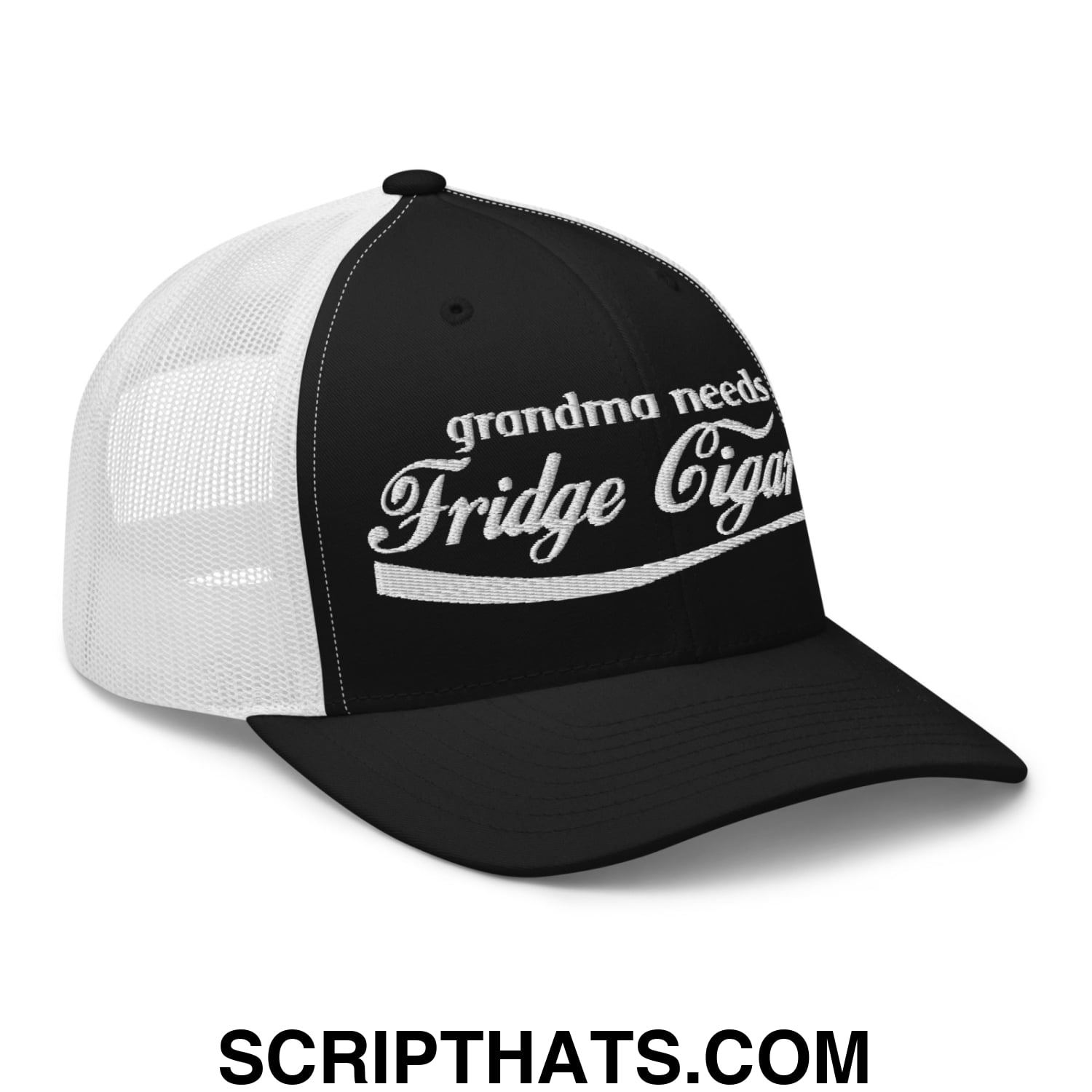 Grandma Needs a Fridge Cigarette Embroidered Mesh Trucker Hat Black White