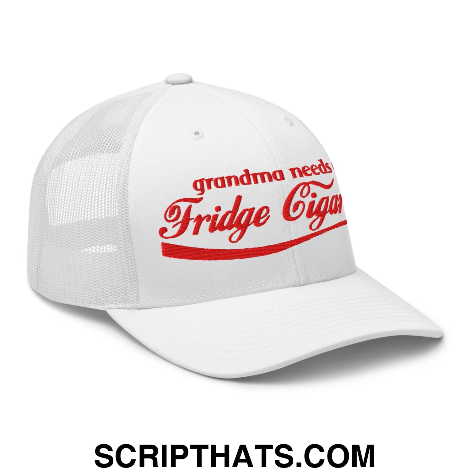Grandma Needs a Fridge Cigarette Embroidered Mesh Trucker Hat White