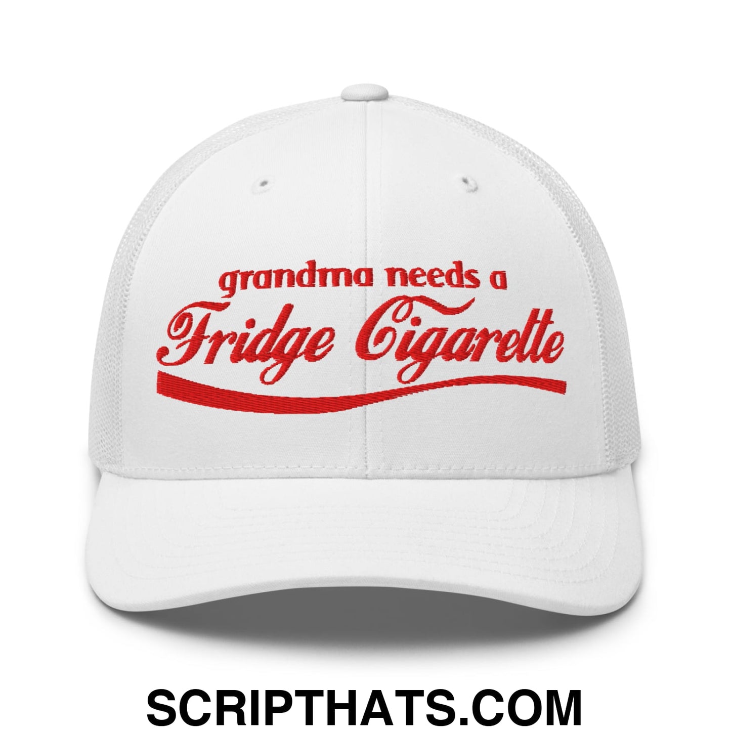 Grandma Needs a Fridge Cigarette Embroidered Mesh Trucker Hat White
