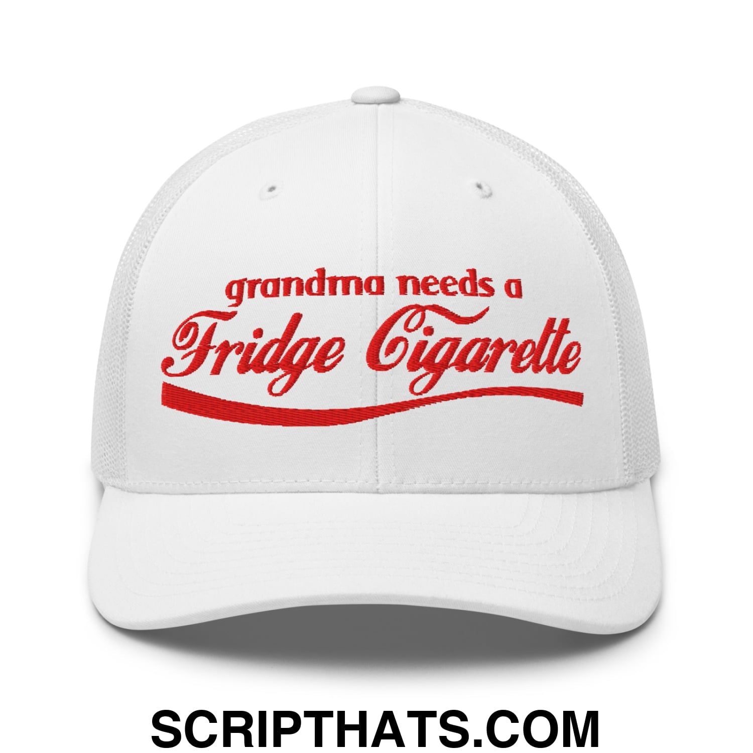 Grandma Needs a Fridge Cigarette Embroidered Mesh Trucker Hat White