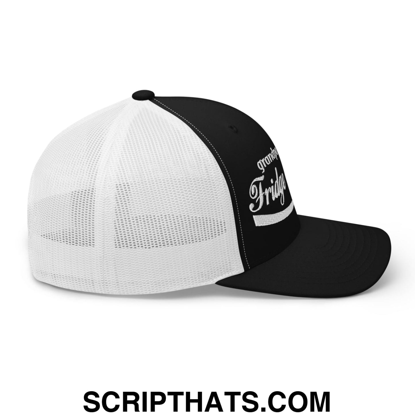 Grandpa Needs a Fridge Cigarette Embroidered Mesh Trucker Hat Black White