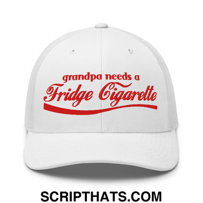 Grandpa Needs a Fridge Cigarette Embroidered Mesh Trucker Hat White