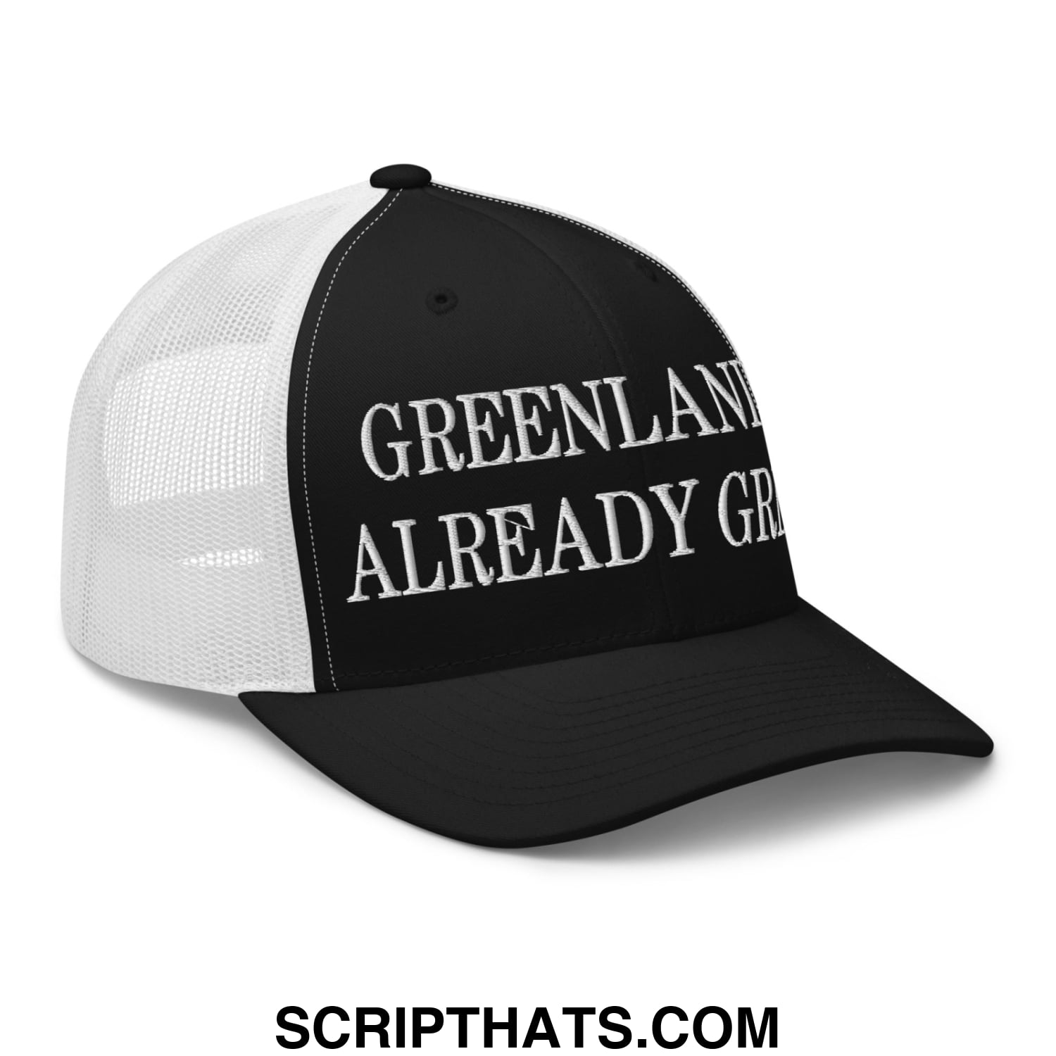Greenland Is Already Great Embroidered Mesh Trucker Hat Black White