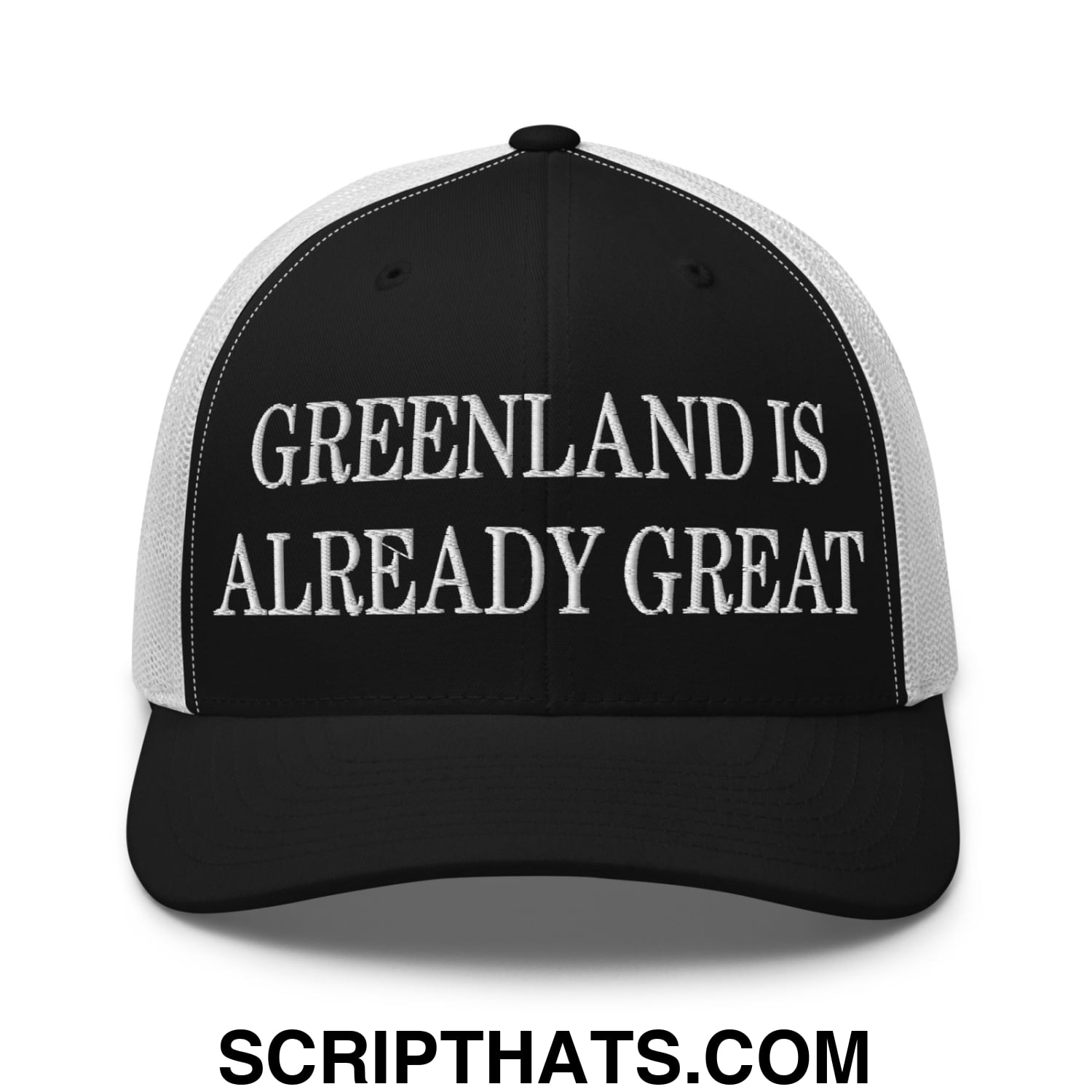 Greenland Is Already Great Embroidered Mesh Trucker Hat Black White