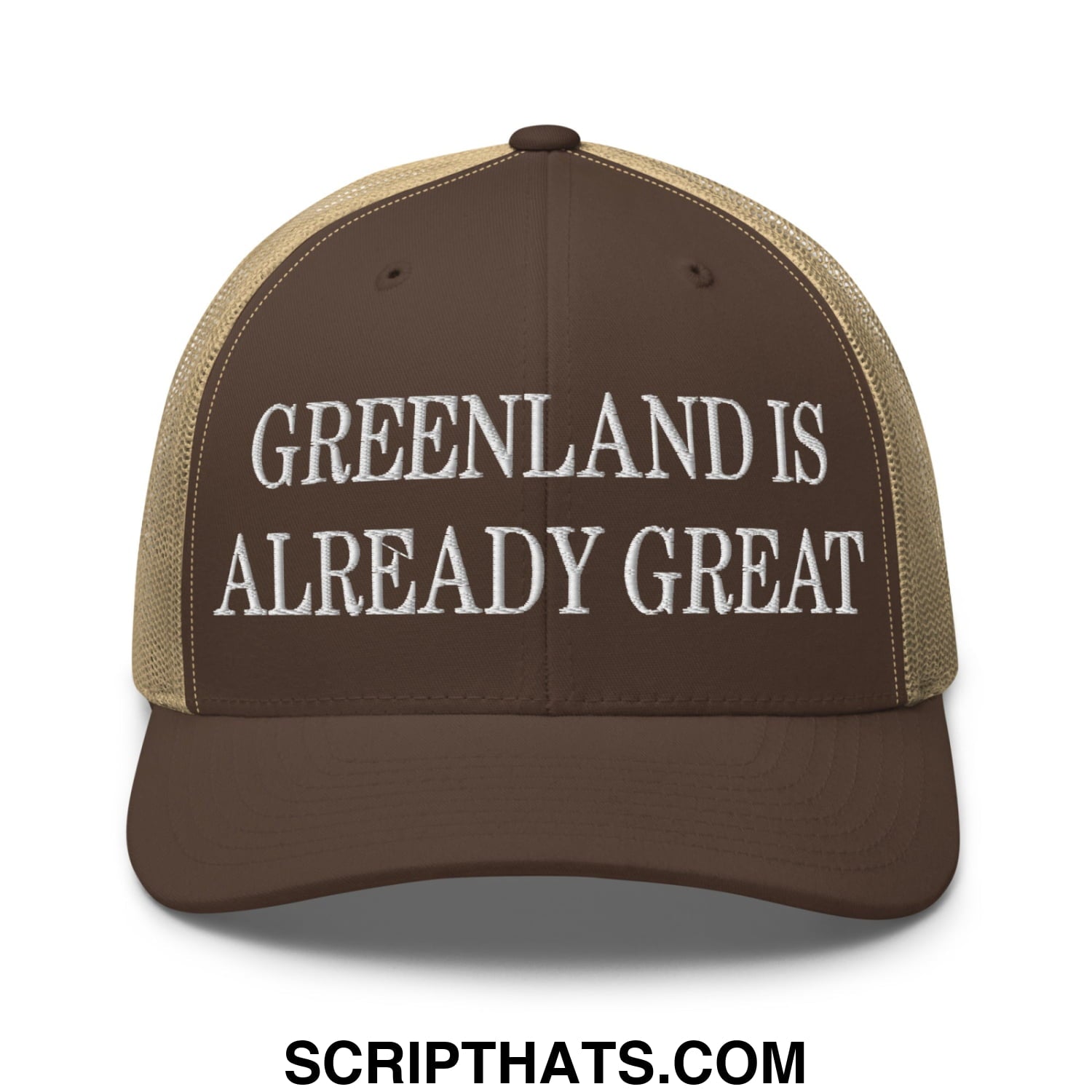 Greenland Is Already Great Embroidered Mesh Trucker Hat Brown Khaki