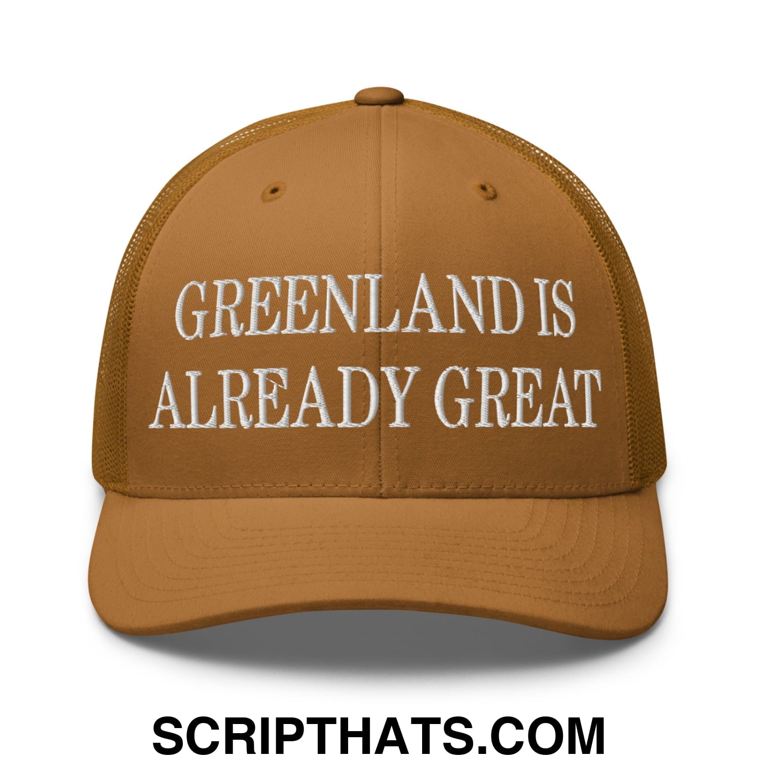 Greenland Is Already Great Embroidered Mesh Trucker Hat Caramel