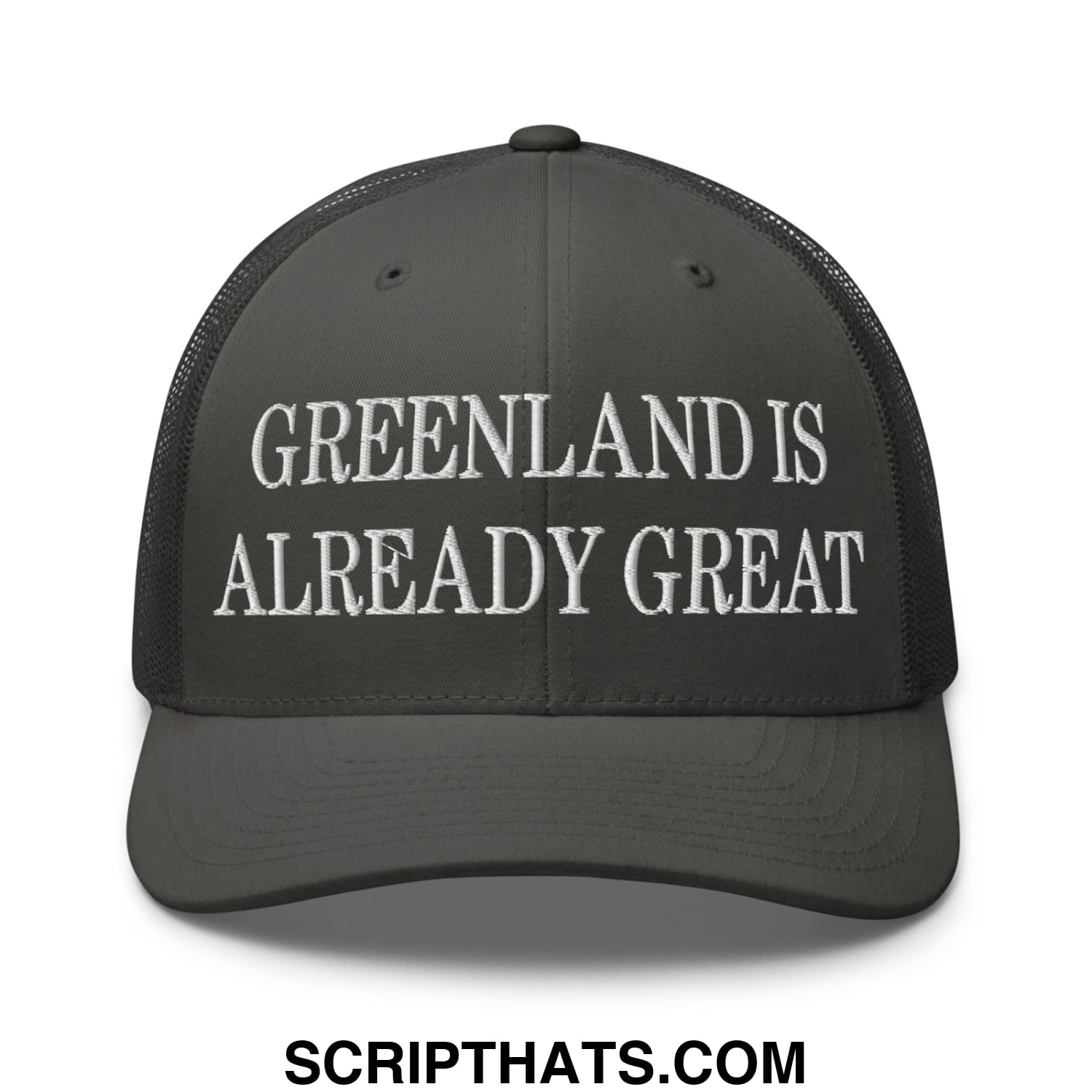 Greenland Is Already Great Embroidered Mesh Trucker Hat Charcoal