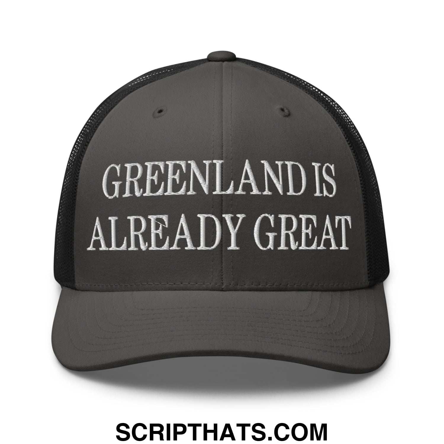Greenland Is Already Great Embroidered Mesh Trucker Hat Charcoal Black