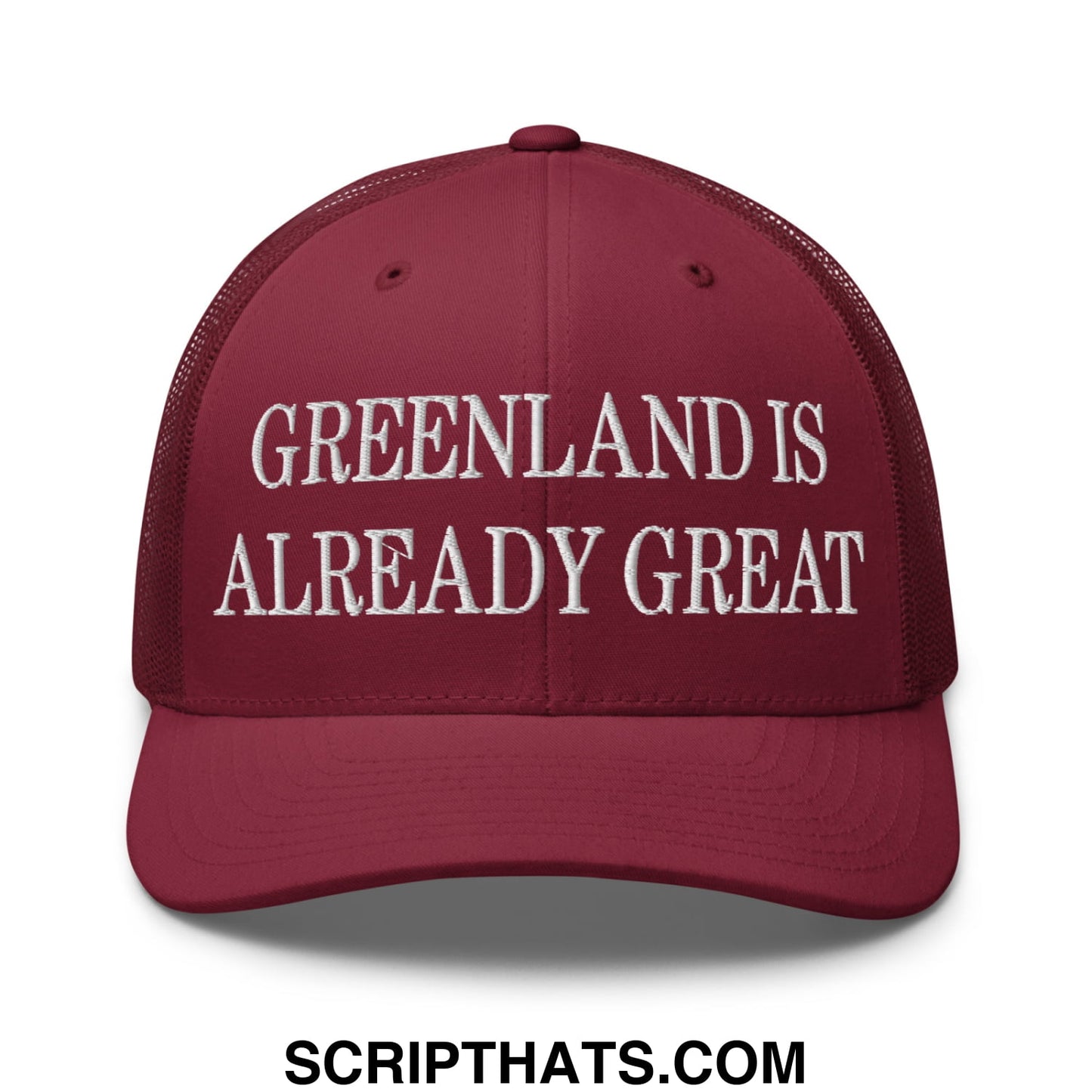 Greenland Is Already Great Embroidered Mesh Trucker Hat Cranberry