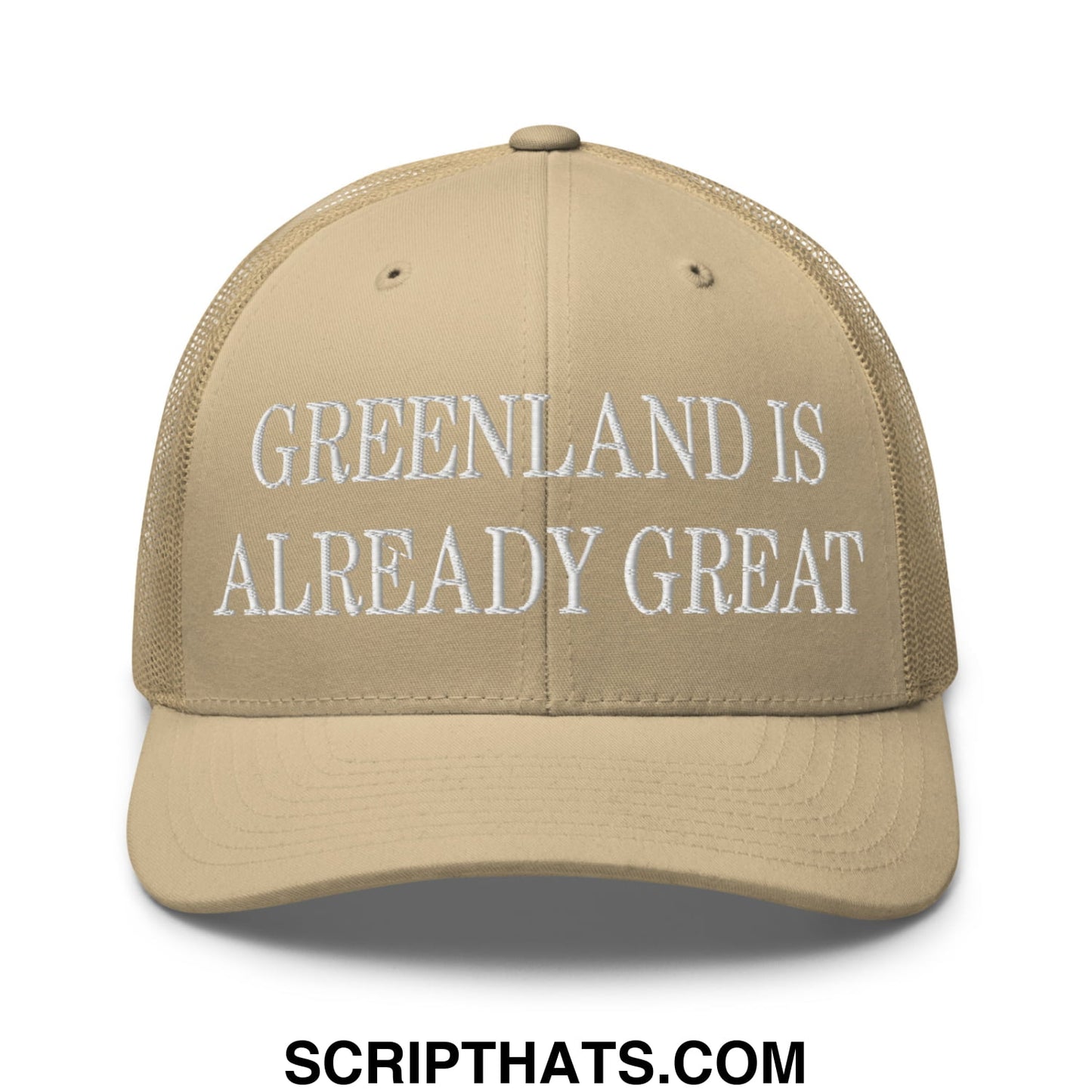 Greenland Is Already Great Embroidered Mesh Trucker Hat Khaki