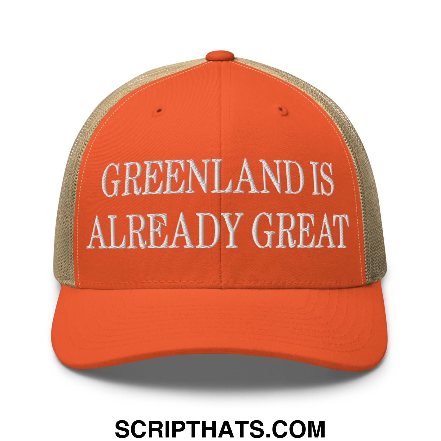 Greenland Is Already Great Embroidered Mesh Trucker Hat Rustic Orange Khaki