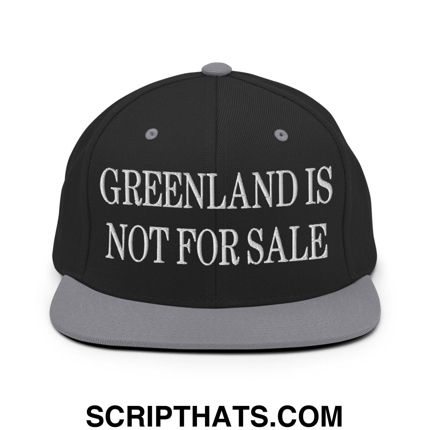 Greenland Is Not For Sale Embroidered Flat Bill Brim Snapback Hat Black Silver