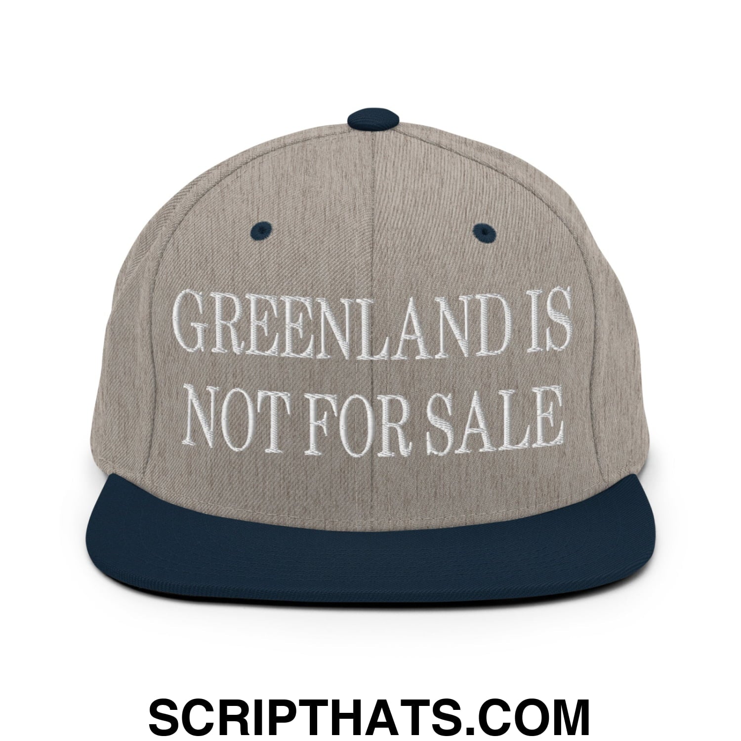 Greenland Is Not For Sale Embroidered Flat Bill Brim Snapback Hat Heather Grey Navy