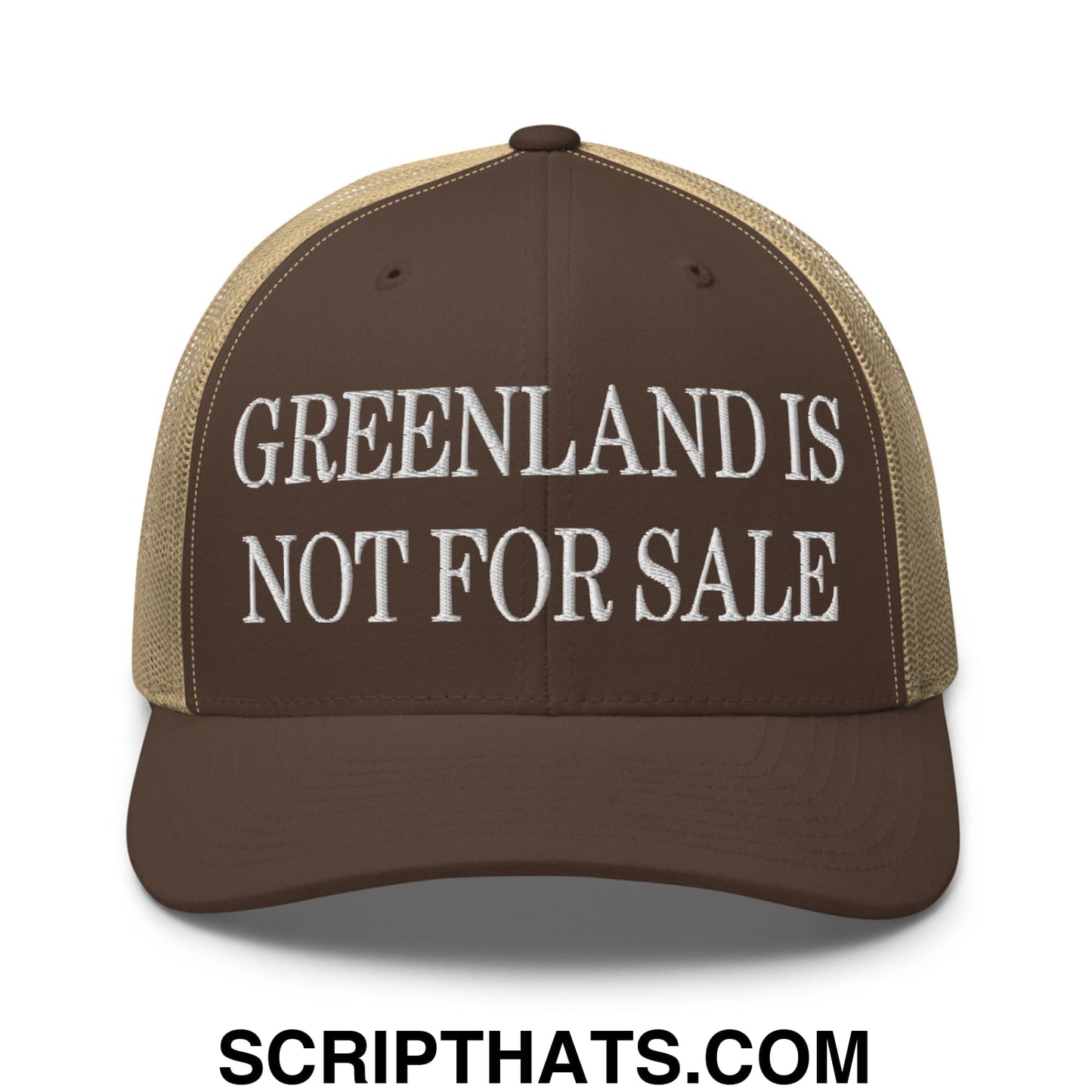 Greenland Is Not For Sale Embroidered Mesh Trucker Hat Brown Khaki