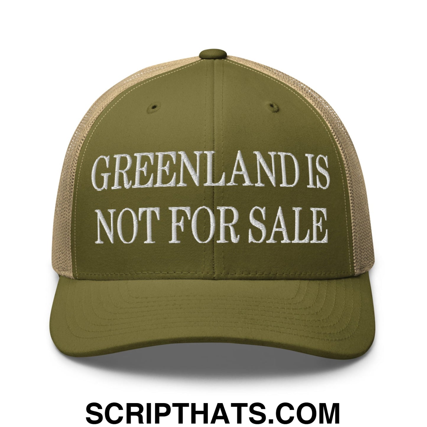 Greenland Is Not For Sale Embroidered Mesh Trucker Hat Moss Khaki