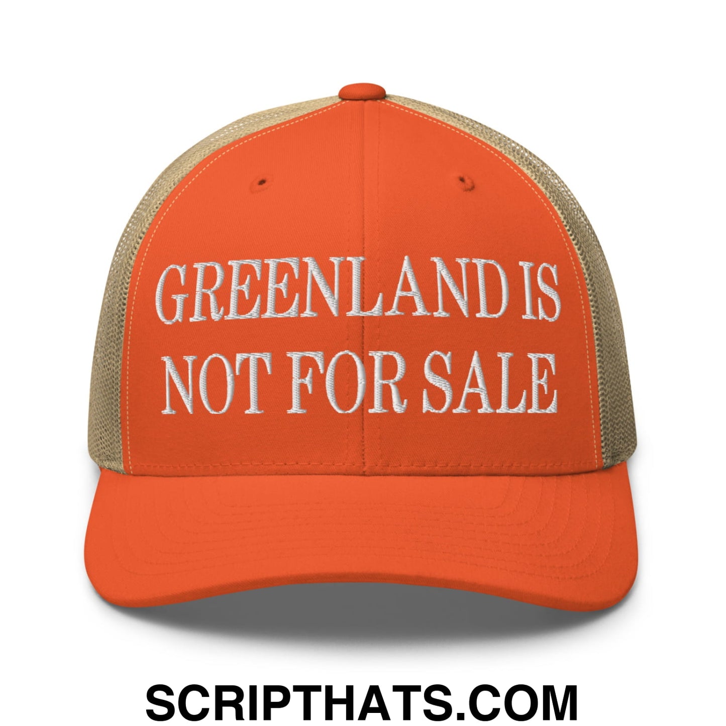 Greenland Is Not For Sale Embroidered Mesh Trucker Hat Rustic Orange Khaki