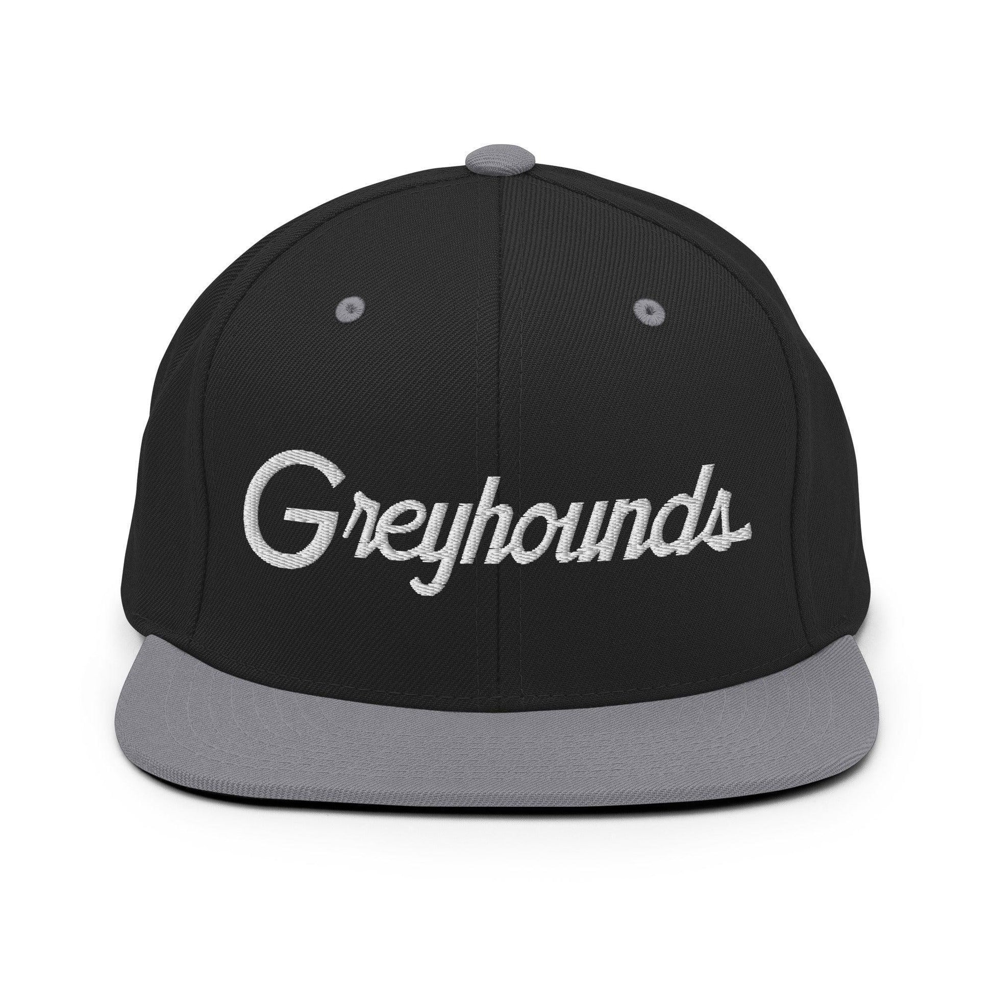 Greyhounds School Mascot Script Snapback Hat Black Silver