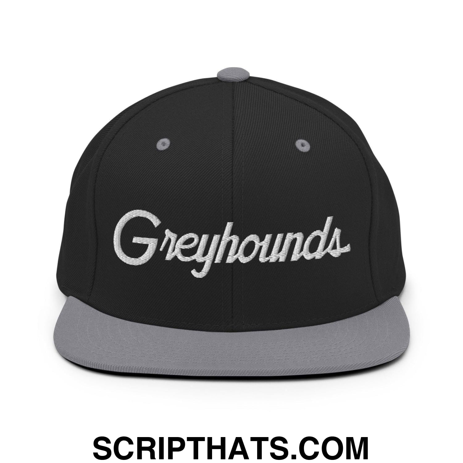 Greyhounds School Mascot Script Snapback Hat Black Silver