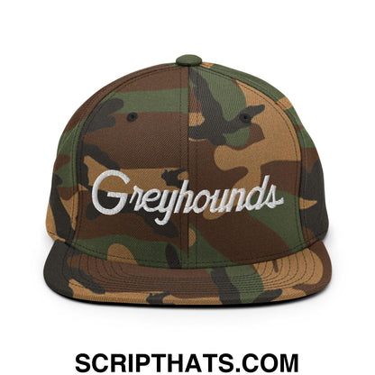 Greyhounds School Mascot Script Snapback Hat Green Camo