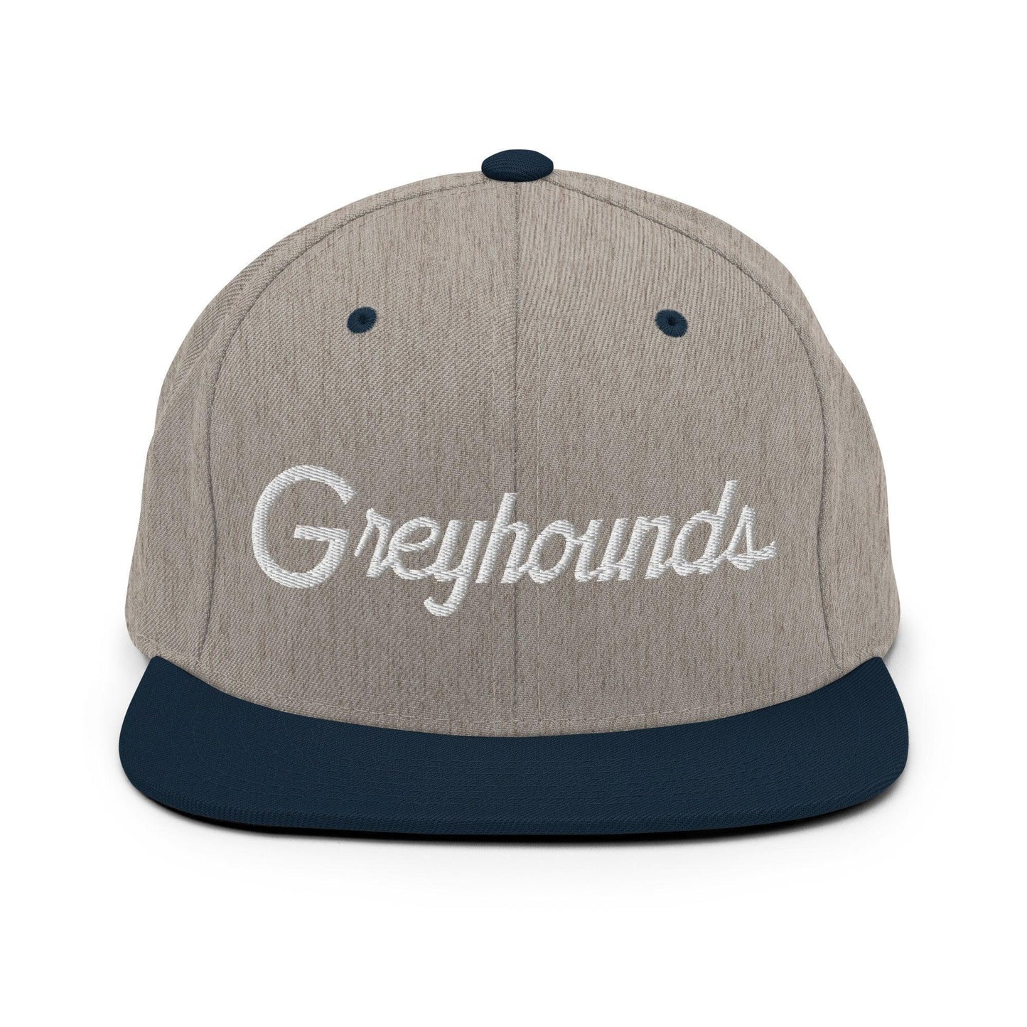 Greyhounds School Mascot Script Snapback Hat Heather Grey Navy