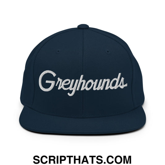 Navy blue snapback hat with white embroidered greyhounds script and flat bill brim in vintage sports style