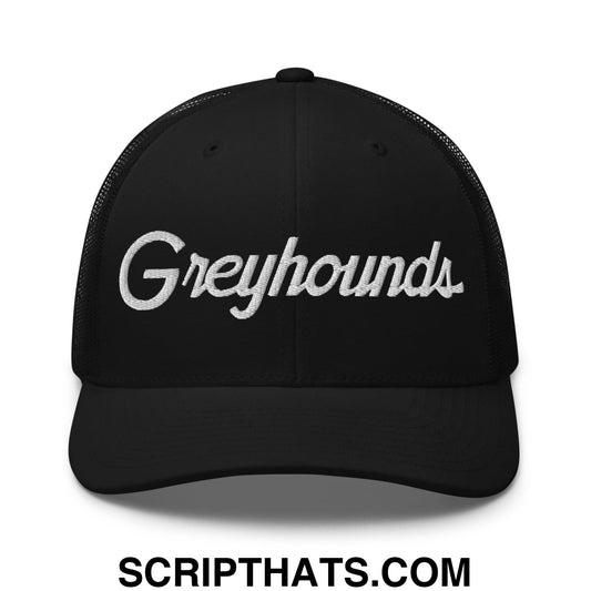 Black mesh trucker hat with white embroidered greyhounds vintage sports script on front panel