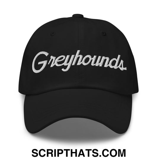 Black unstructured dad hat with white embroidered greyhounds script in vintage sports style