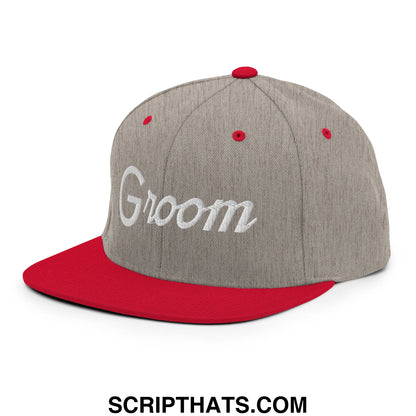 Gray and red snapback hat with groom embroidered in white script on flat bill brim for sports occasions