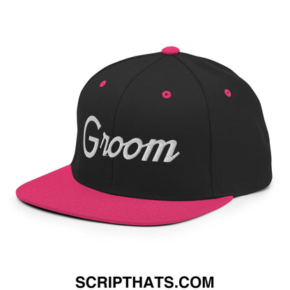 Black and pink groom sports script embroidered flat bill brim snapback hat with silver lettering