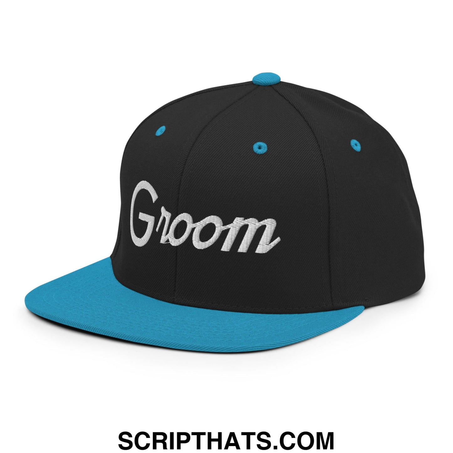 Black snapback cap with teal brim and button featuring white groom embroidery in script on front flat bill brim snapback hat