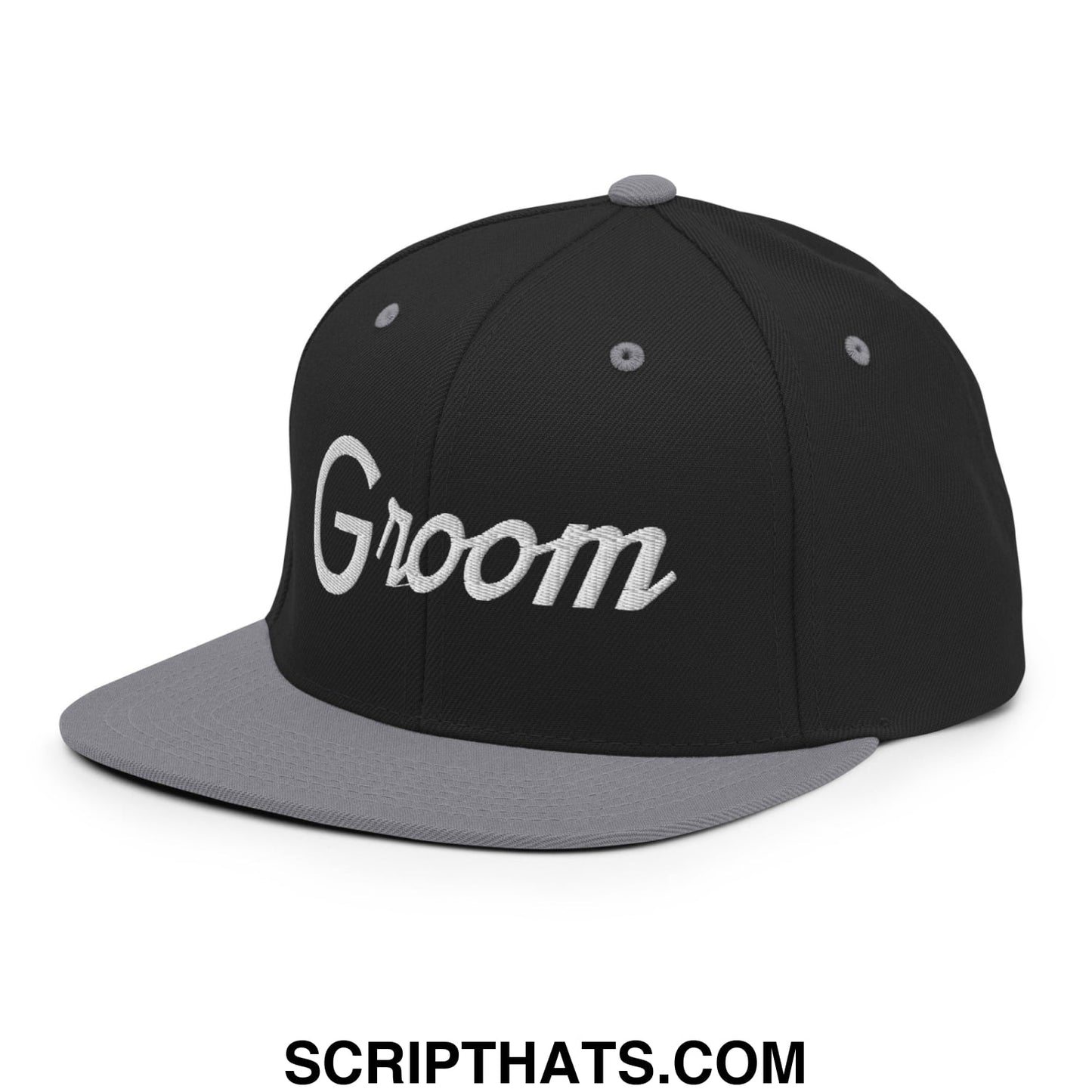 Black and gray snapback hat with groom embroidered in white script on a flat bill brim for sports use