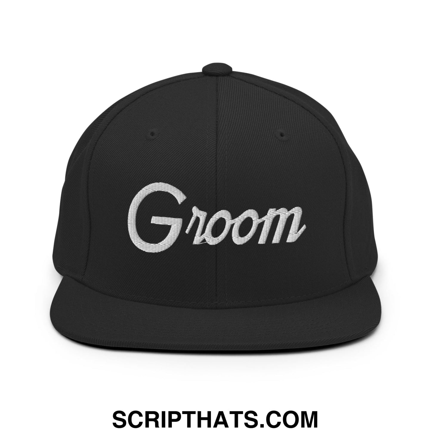 Black snapback hat with white embroidered groom script and flat bill brim perfect for sports and weddings