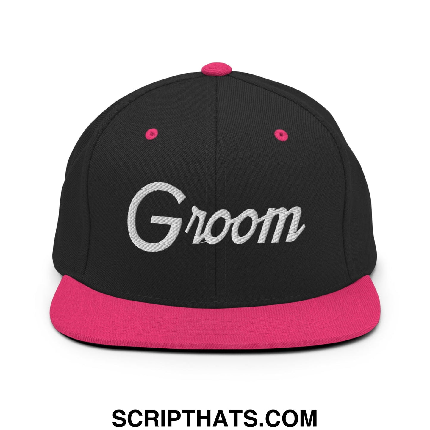 Black snapback cap with vibrant pink flat bill brim and button featuring silver groom embroidery in sports script style
