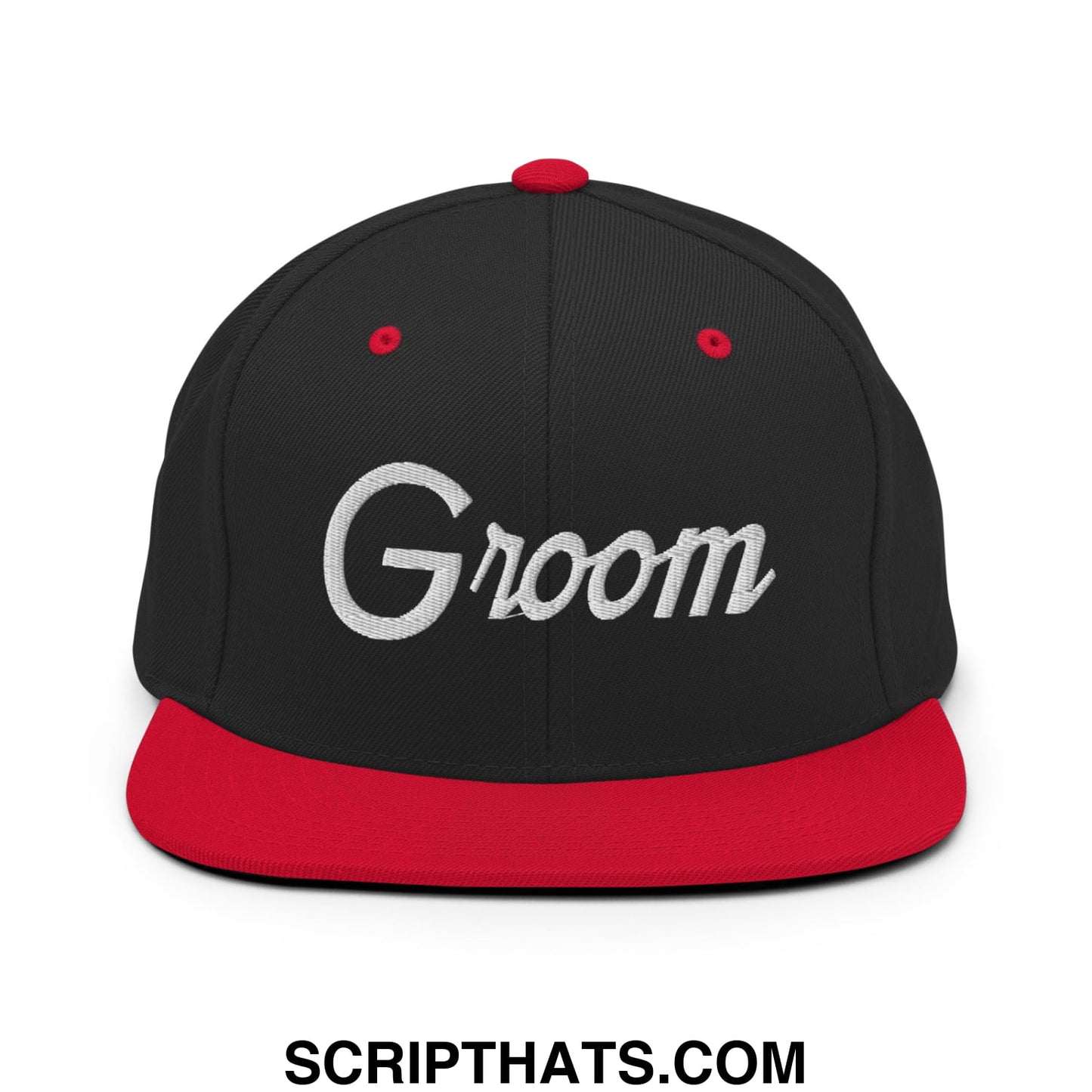 Black and red snapback hat with groom embroidered in white script on flat bill brim for wedding sportswear