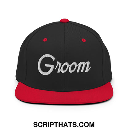 Black and red snapback hat with groom embroidered in white script on flat bill brim for wedding sportswear