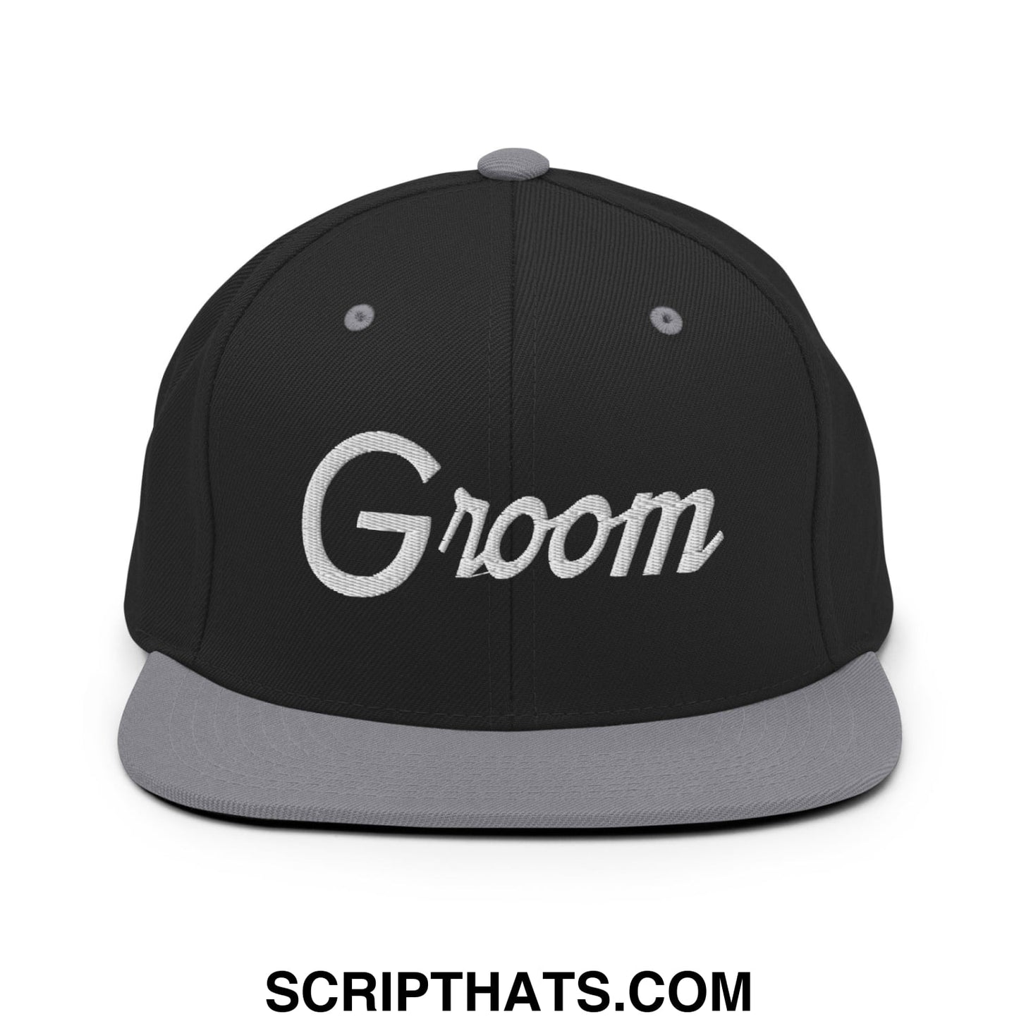 Black snapback hat with gray flat brim and white groom script embroidery for wedding or groom wear